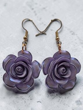 Handmade Elegant Purple Rose Earrings – Floral Dangle Jewelry